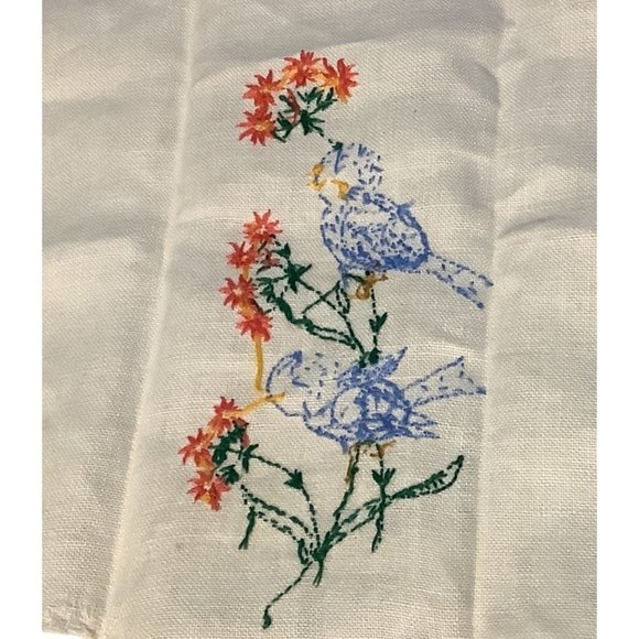 Vintage Linen Napkin Cross Stitch Embroidered Cream Floral Blue Jays 18" x 12" - Picture 4 of 9